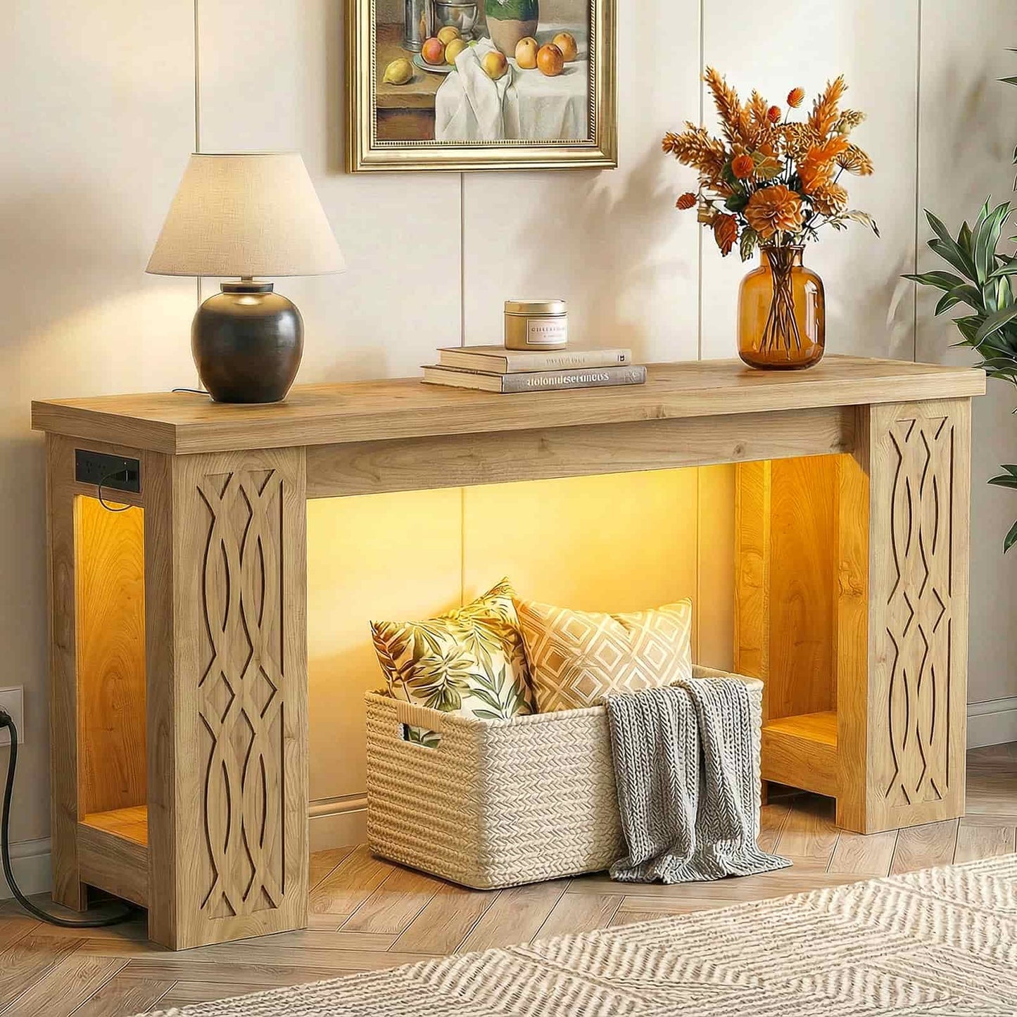 63'' Farmhouse Console Table with Charging Station and LED Lights
