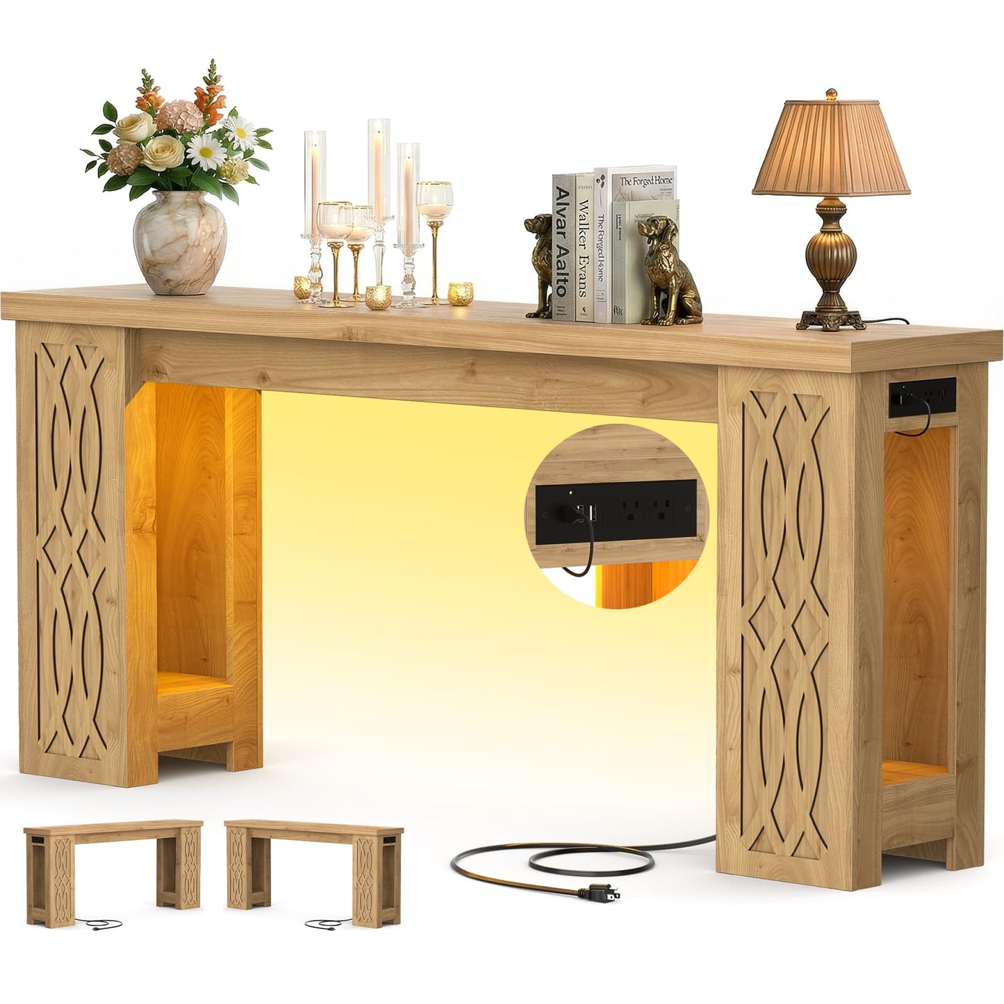63'' Farmhouse Console Table with Charging Station and LED Lights
