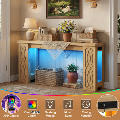63'' Farmhouse Console Table with Charging Station and LED Lights