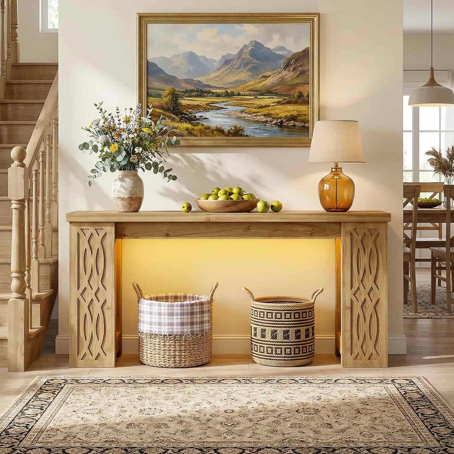 63'' Farmhouse Console Table with Charging Station and LED Lights