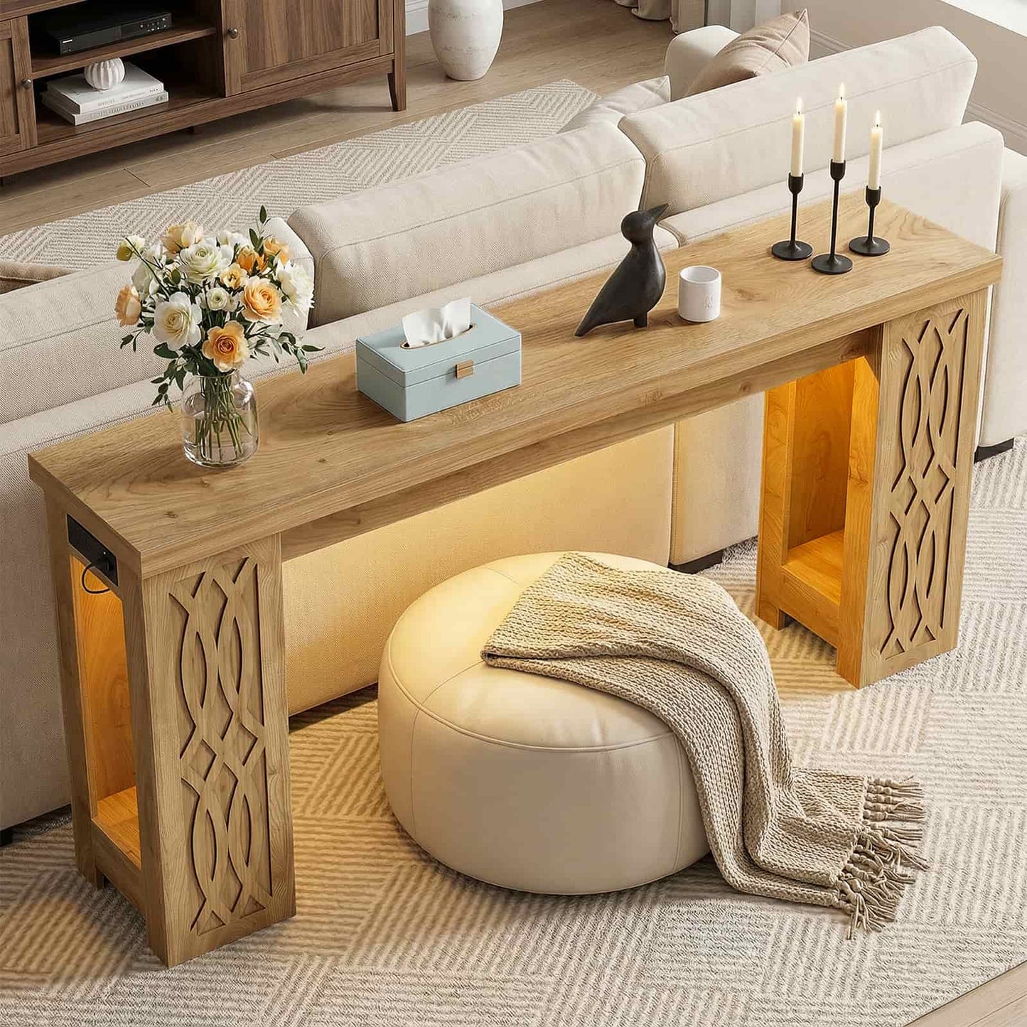 63'' Farmhouse Console Table with Charging Station and LED Lights