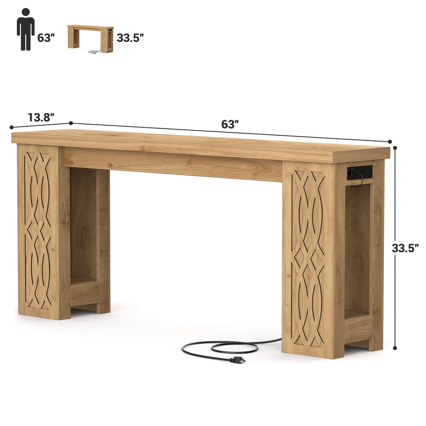 63'' Farmhouse Console Table with Charging Station and LED Lights