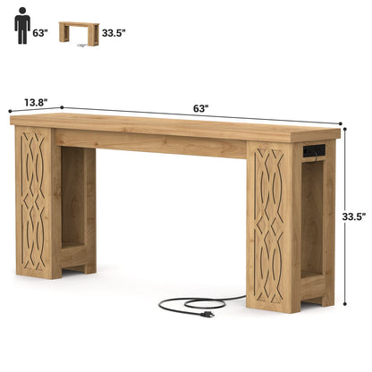 63'' Farmhouse Console Table with Charging Station and LED Lights