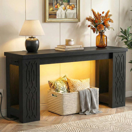 63'' Farmhouse Console Table with Charging Station and LED Lights