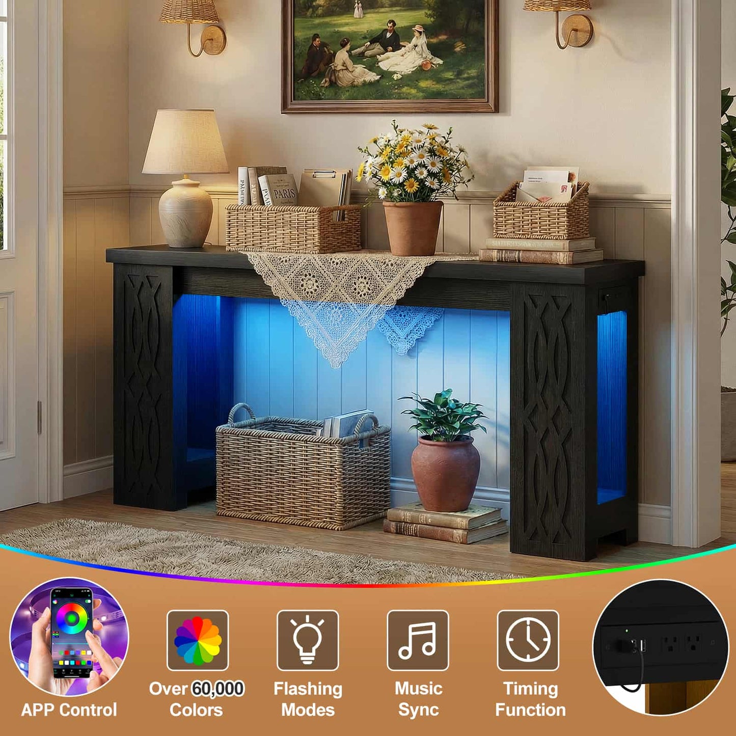 63'' Farmhouse Console Table with Charging Station and LED Lights