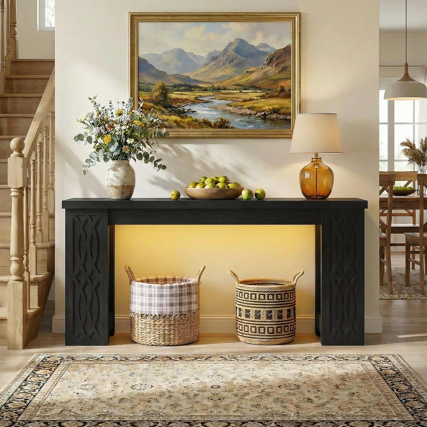 63'' Farmhouse Console Table with Charging Station and LED Lights