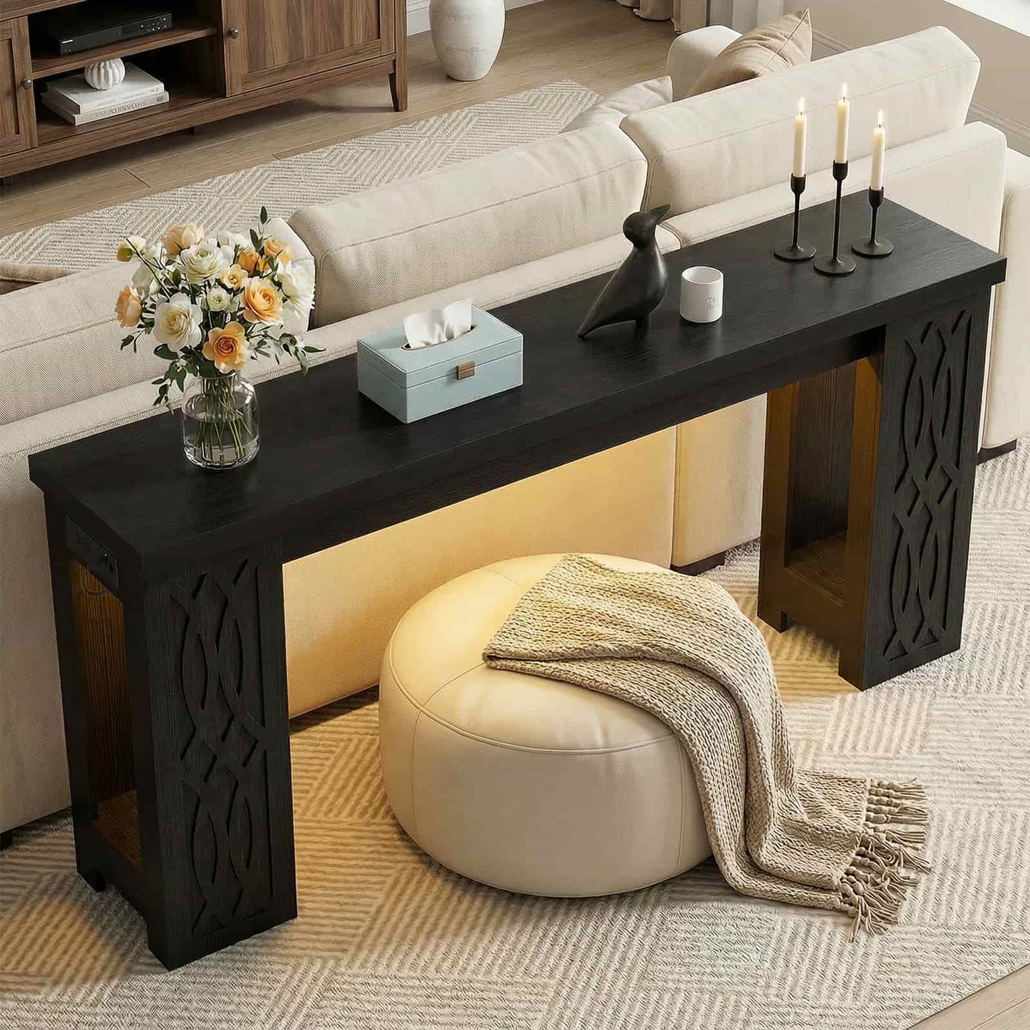 63'' Farmhouse Console Table with Charging Station and LED Lights
