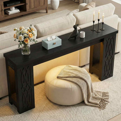 63'' Farmhouse Console Table with Charging Station and LED Lights