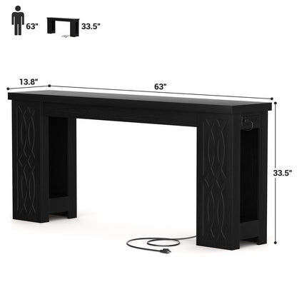 63'' Farmhouse Console Table with Charging Station and LED Lights