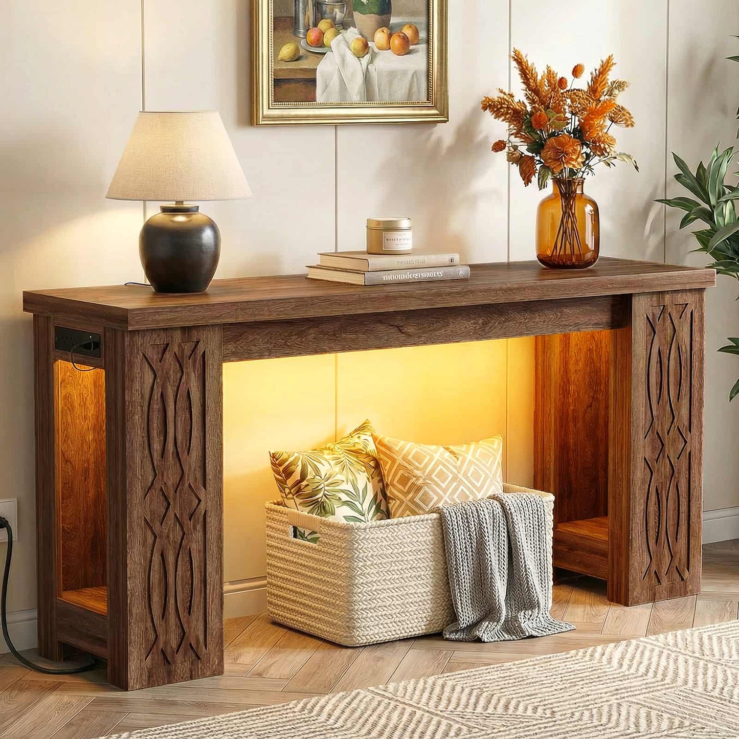 63'' Farmhouse Console Table with Charging Station and LED Lights