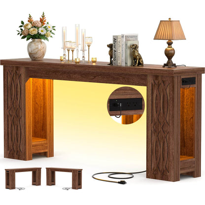 63'' Farmhouse Console Table with Charging Station and LED Lights