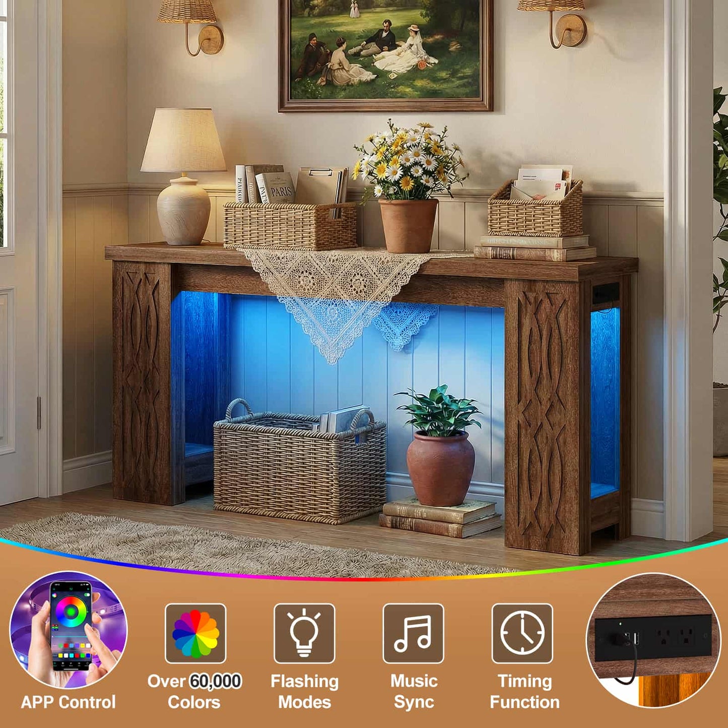 63'' Farmhouse Console Table with Charging Station and LED Lights