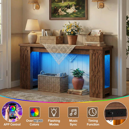63'' Farmhouse Console Table with Charging Station and LED Lights