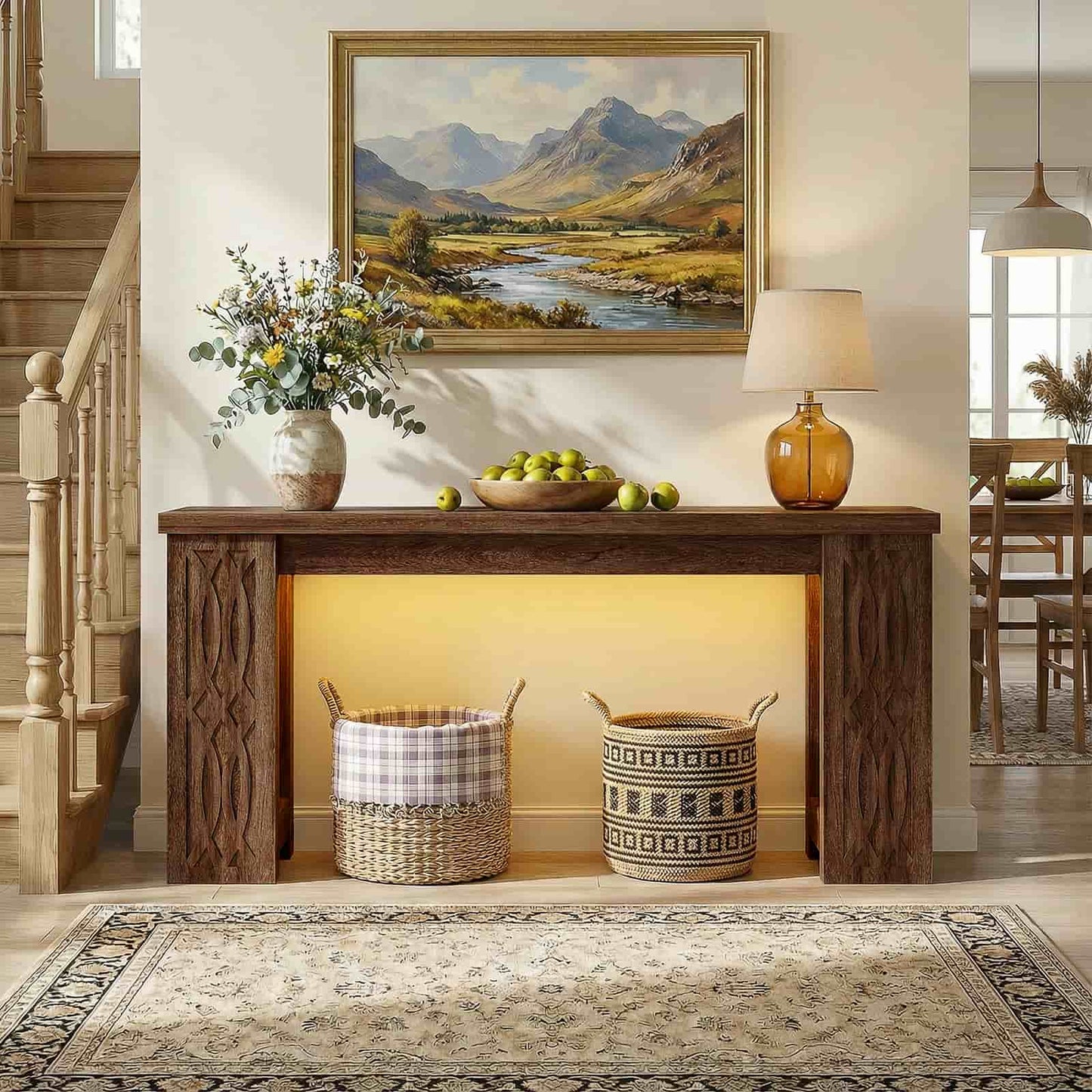 63'' Farmhouse Console Table with Charging Station and LED Lights