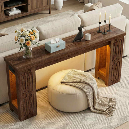 63'' Farmhouse Console Table with Charging Station and LED Lights