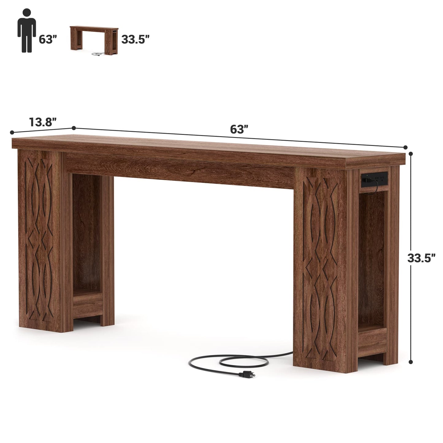 63'' Farmhouse Console Table with Charging Station and LED Lights