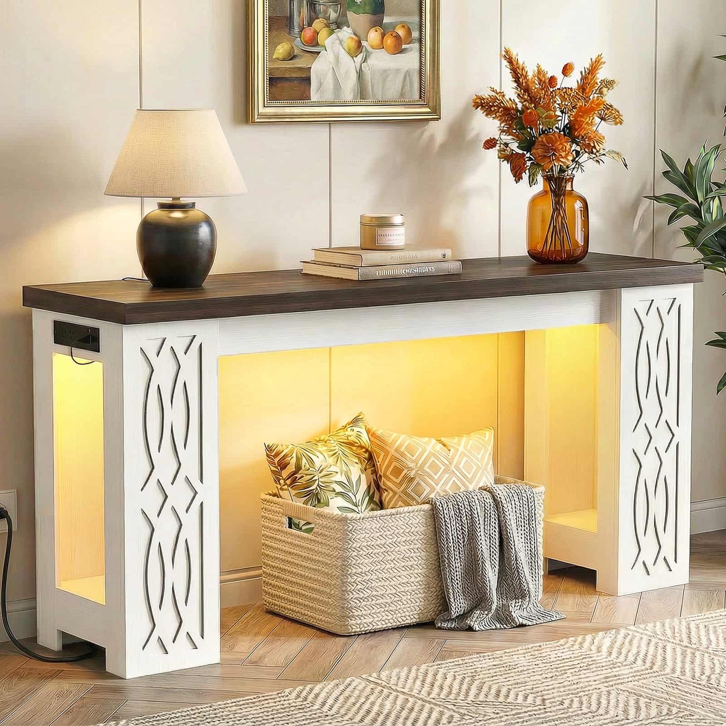 63'' Farmhouse Console Table with Charging Station and LED Lights