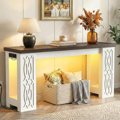 63'' Farmhouse Console Table with Charging Station and LED Lights