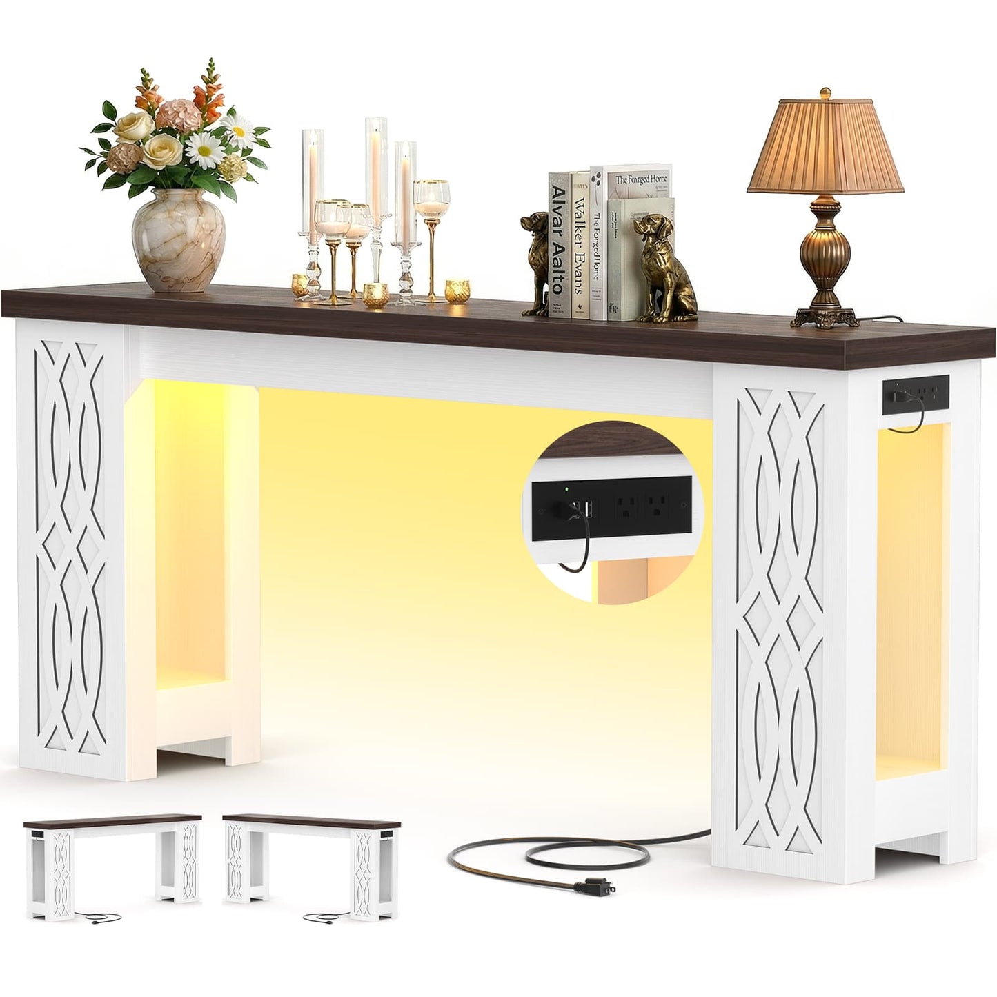 63'' Farmhouse Console Table with Charging Station and LED Lights