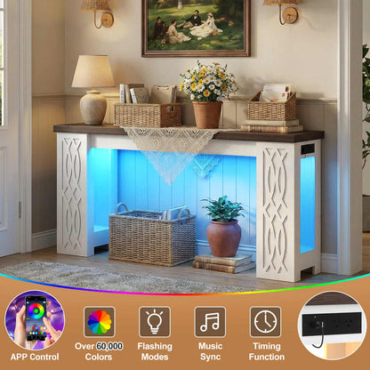 63'' Farmhouse Console Table with Charging Station and LED Lights