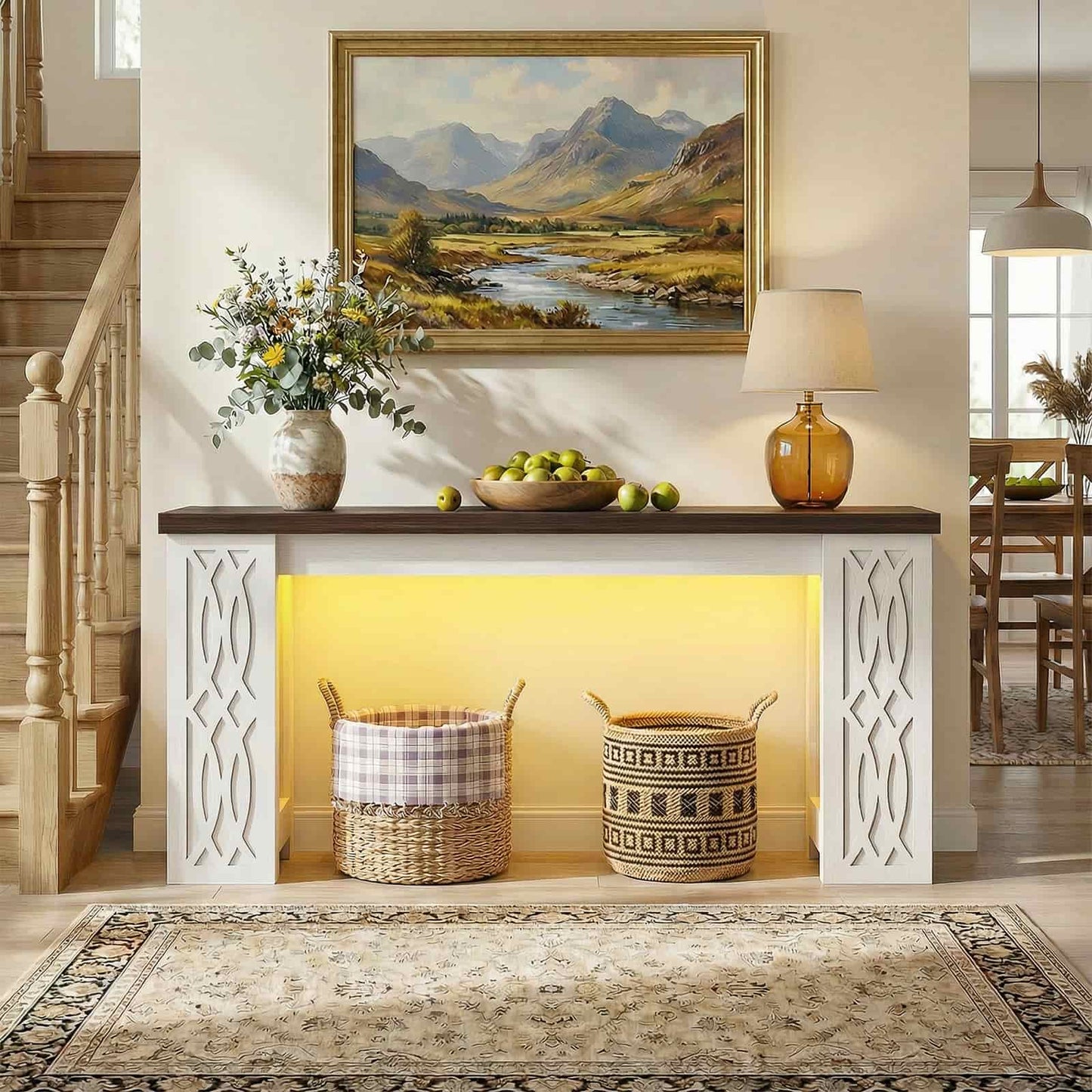63'' Farmhouse Console Table with Charging Station and LED Lights