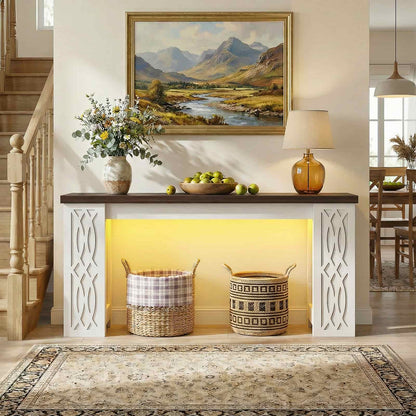 63'' Farmhouse Console Table with Charging Station and LED Lights