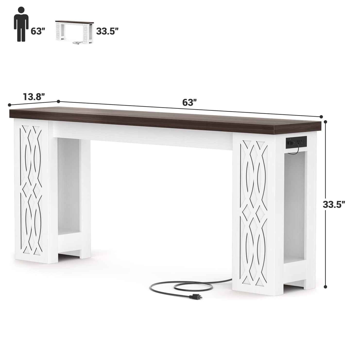 63'' Farmhouse Console Table with Charging Station and LED Lights