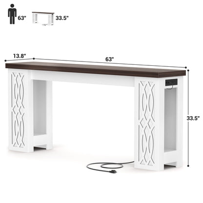 63'' Farmhouse Console Table with Charging Station and LED Lights
