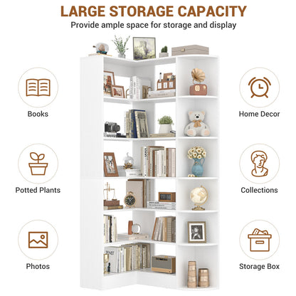 6-Tier Corner Bookshelf, 79'' Tall Modern L Shaped Bookcase with 13 Open Storage Shelves