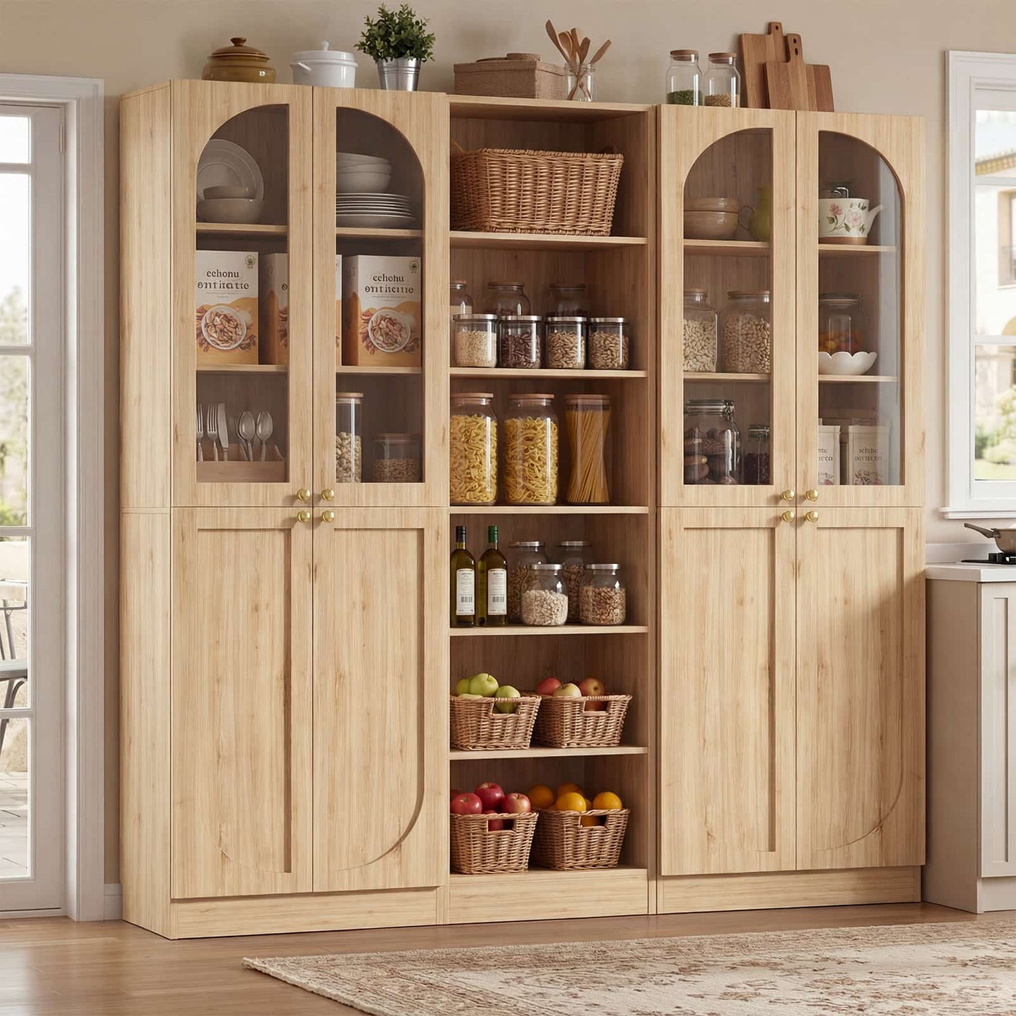 80'' H Farmhouse Pantry Cabinet 3 Piece with Arched Doors and Adjustable Shelves