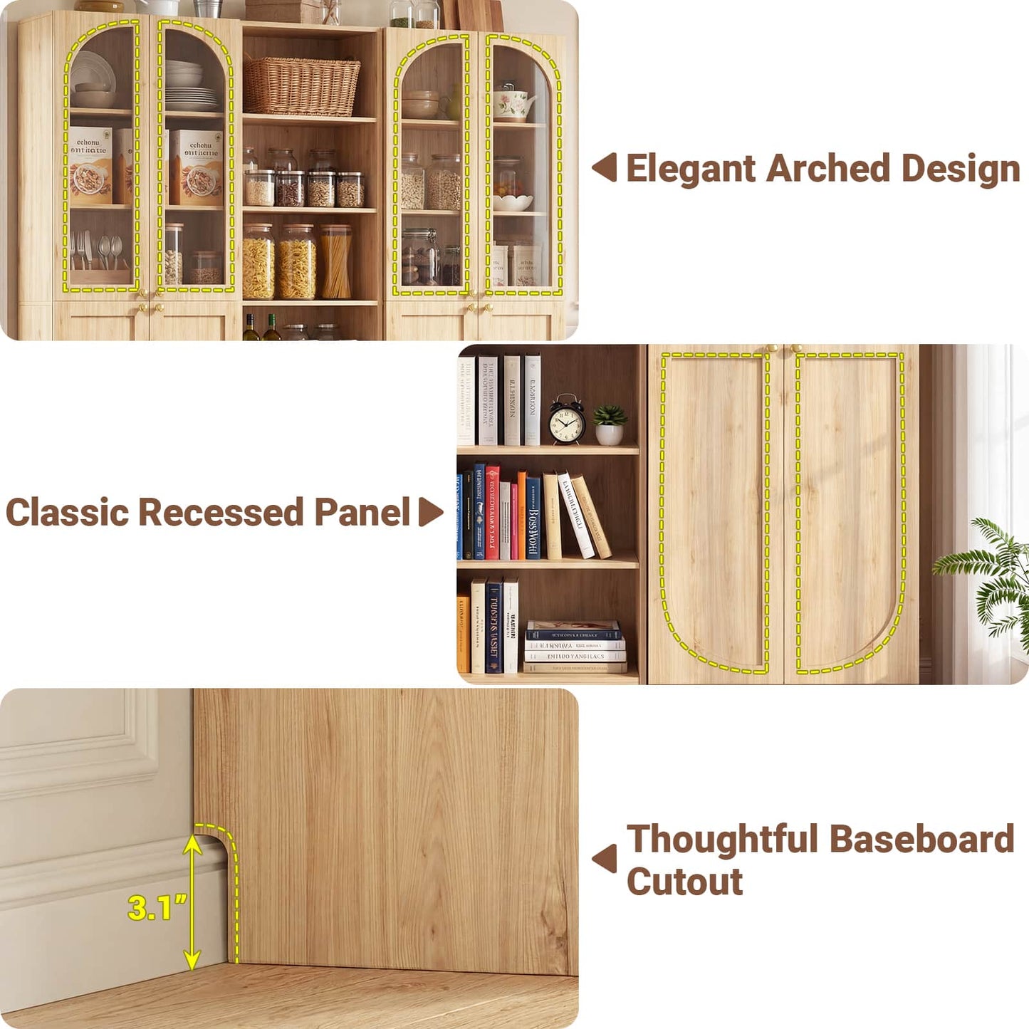 80'' H Farmhouse Pantry Cabinet 3 Piece with Arched Doors and Adjustable Shelves