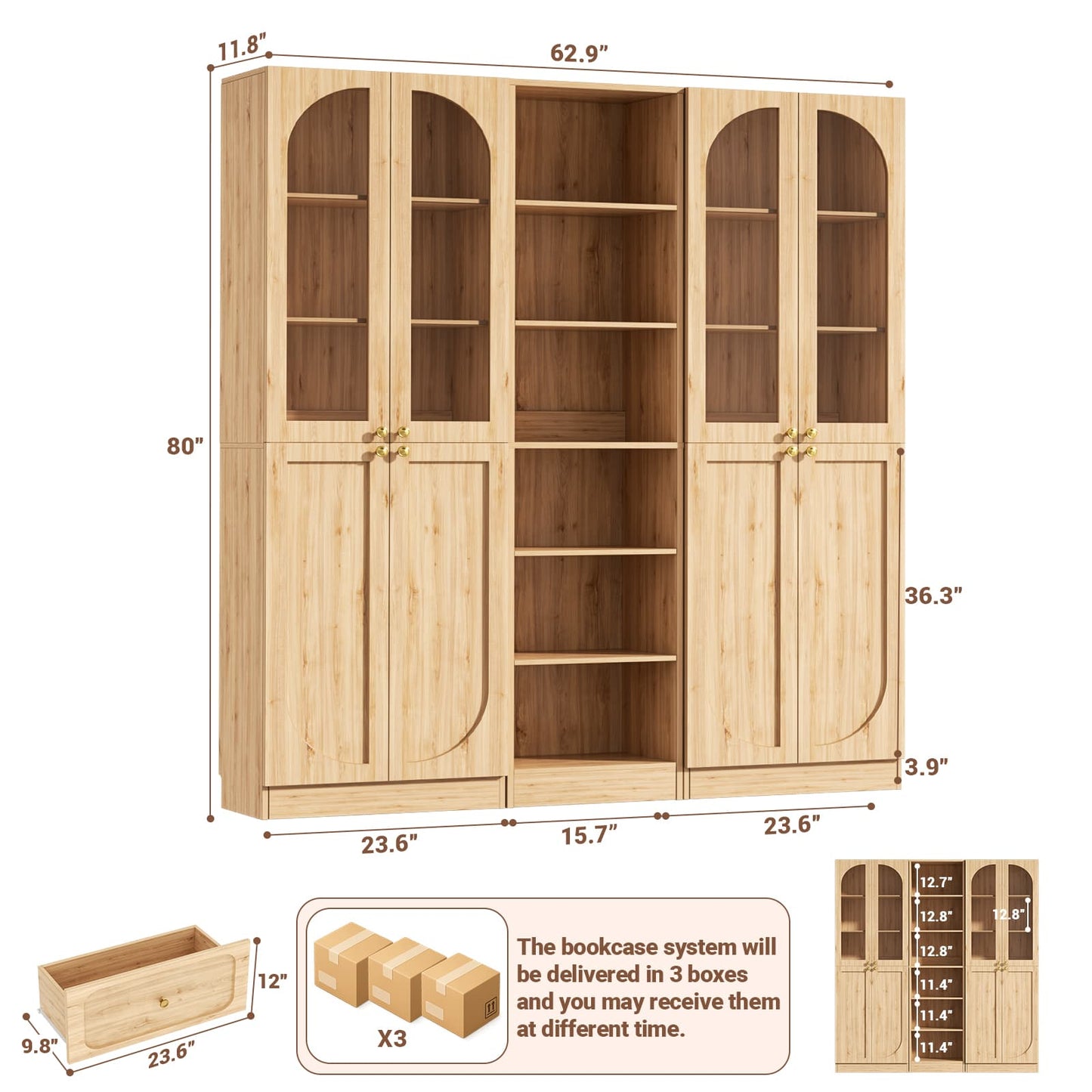 80'' H Farmhouse Pantry Cabinet 3 Piece with Arched Doors and Adjustable Shelves