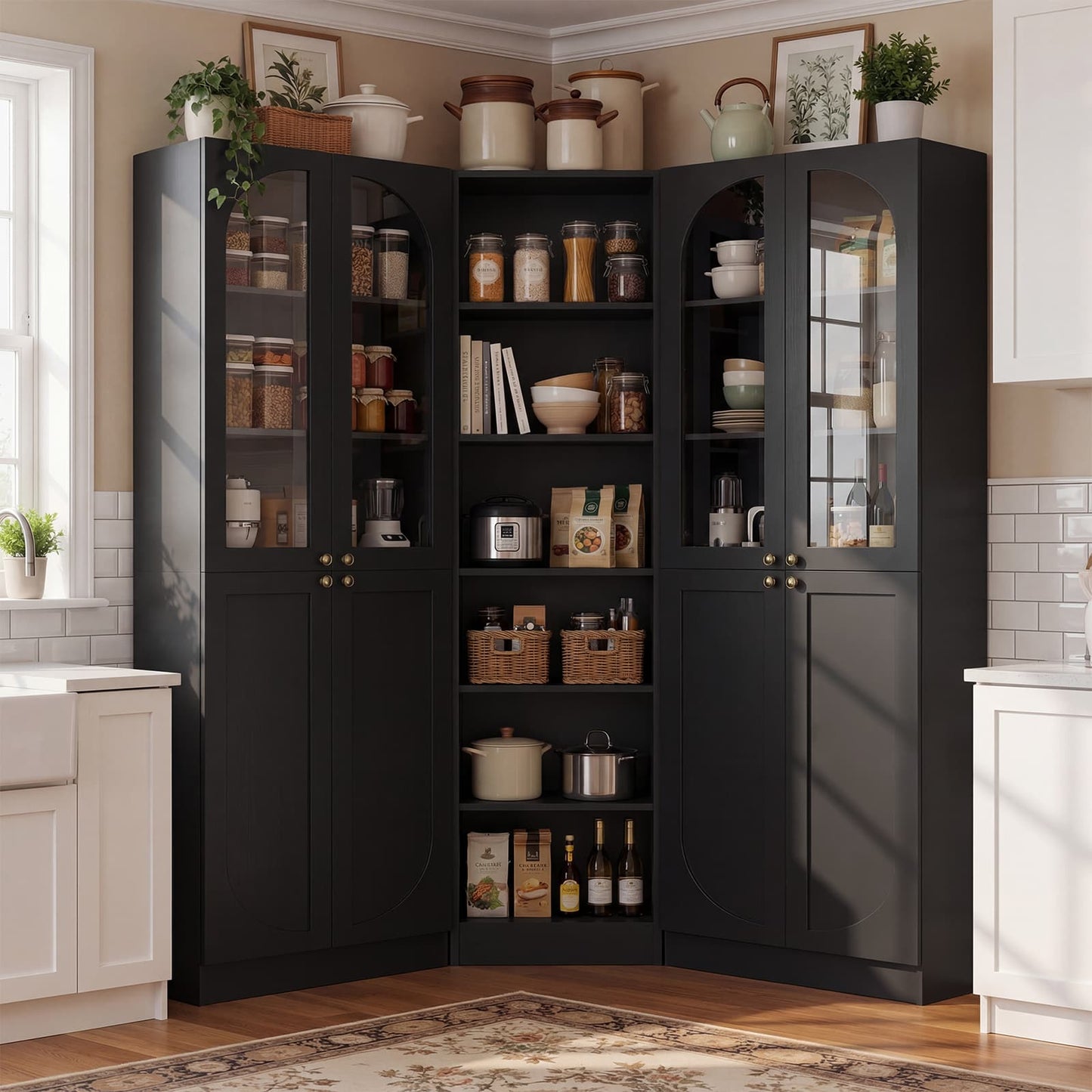 80'' H Farmhouse Pantry Cabinet 3 Piece with Arched Doors and Adjustable Shelves