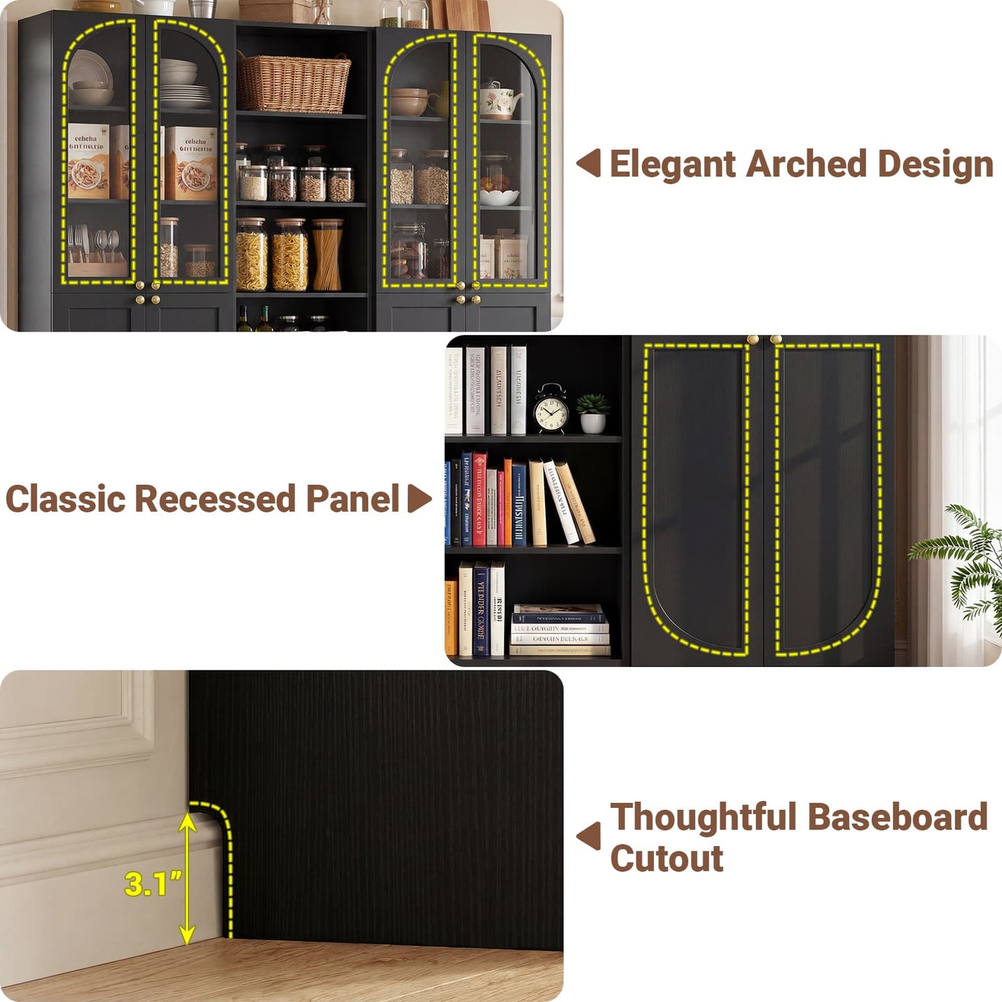 80'' H Farmhouse Pantry Cabinet 3 Piece with Arched Doors and Adjustable Shelves