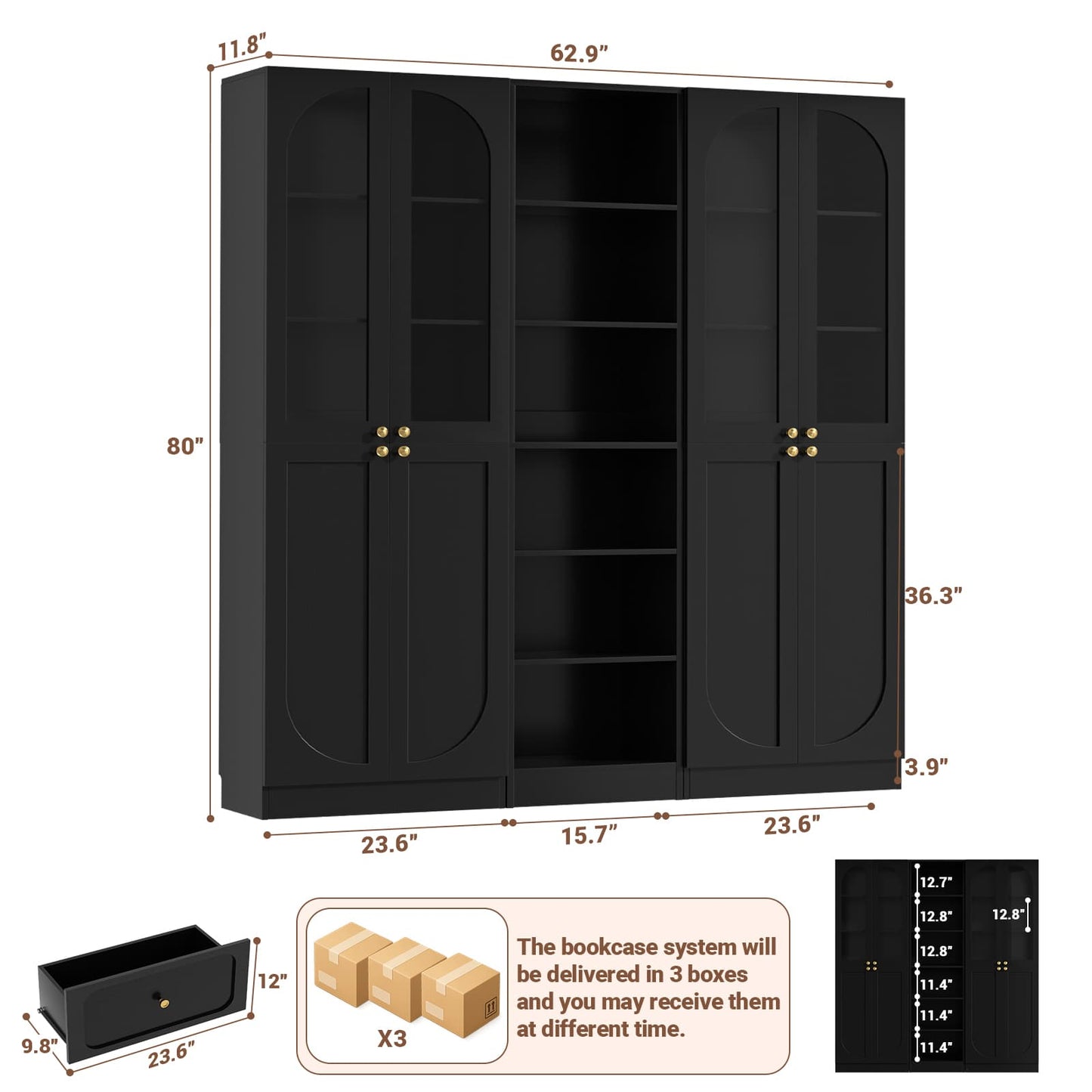 80'' H Farmhouse Pantry Cabinet 3 Piece with Arched Doors and Adjustable Shelves