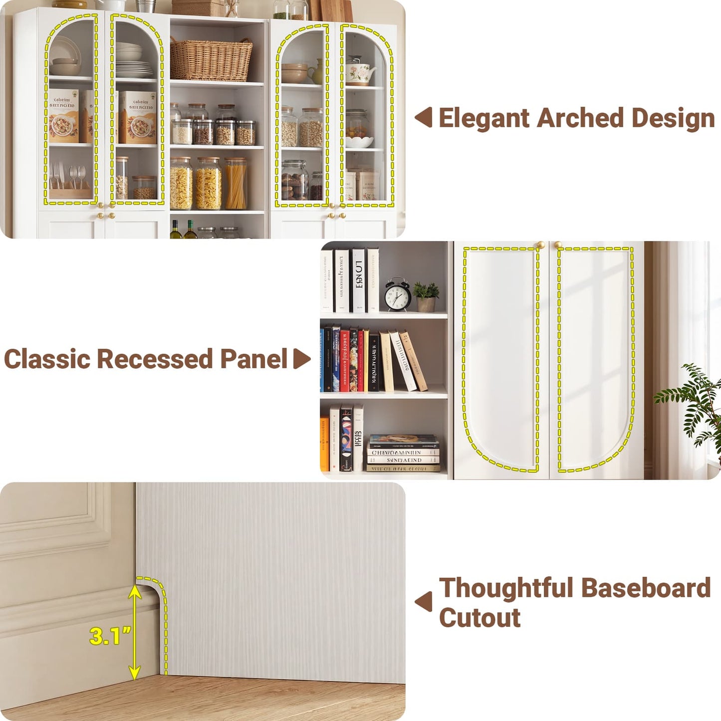 80'' H Farmhouse Pantry Cabinet 3 Piece with Arched Doors and Adjustable Shelves