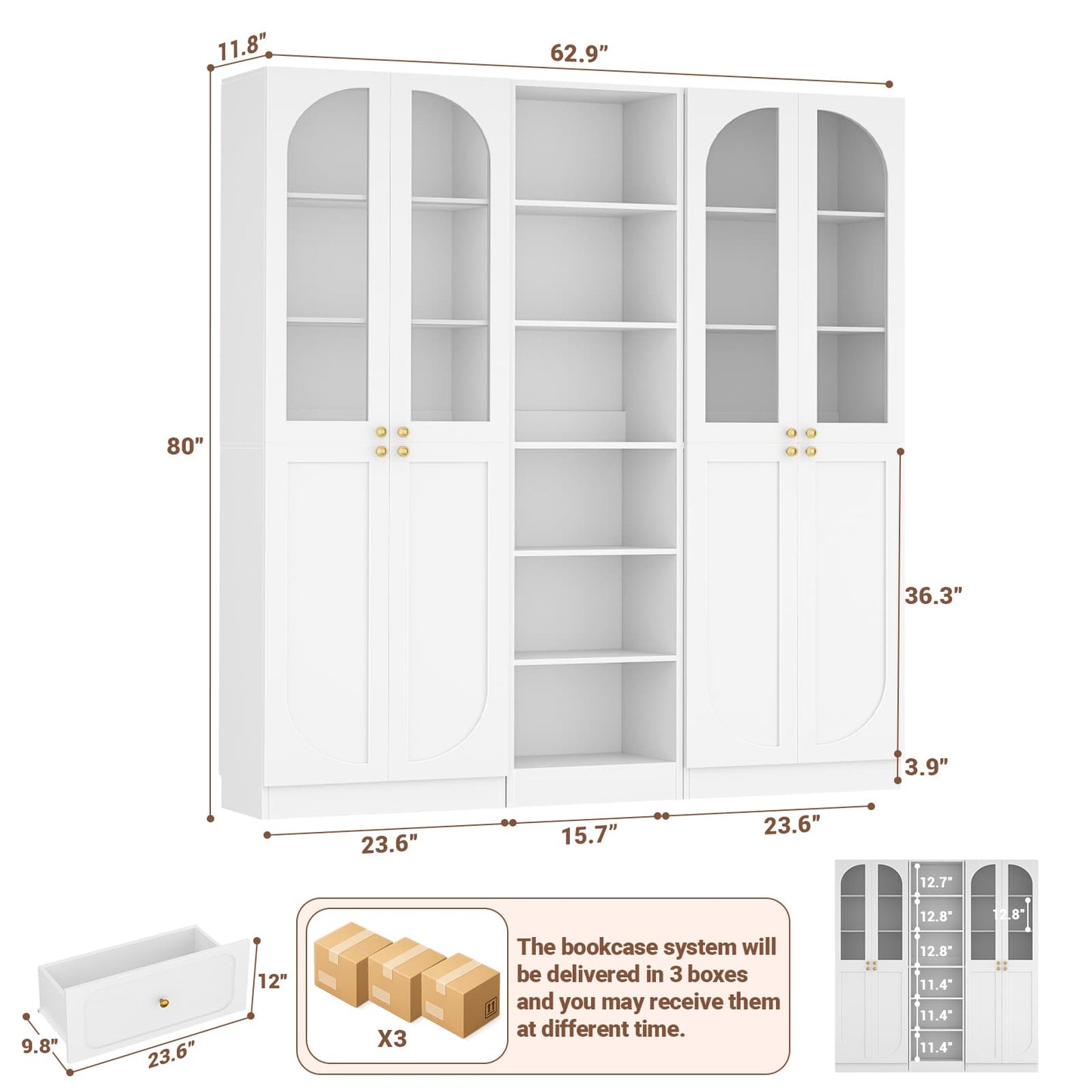 80'' H Farmhouse Pantry Cabinet 3 Piece with Arched Doors and Adjustable Shelves