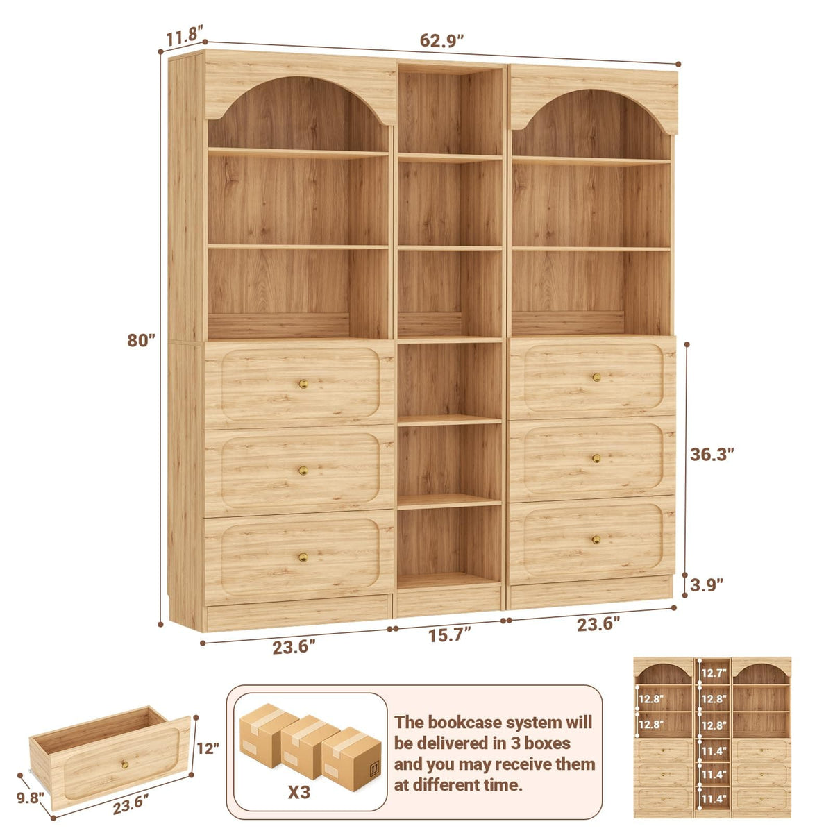 80" Tall Modular Storage System: 2 x 3-Drawer Cabinets + Open Shelving Unit,Freestanding Kitchen Pantry with 12-Tier Shelves, for Living Room, Dining Room, Office