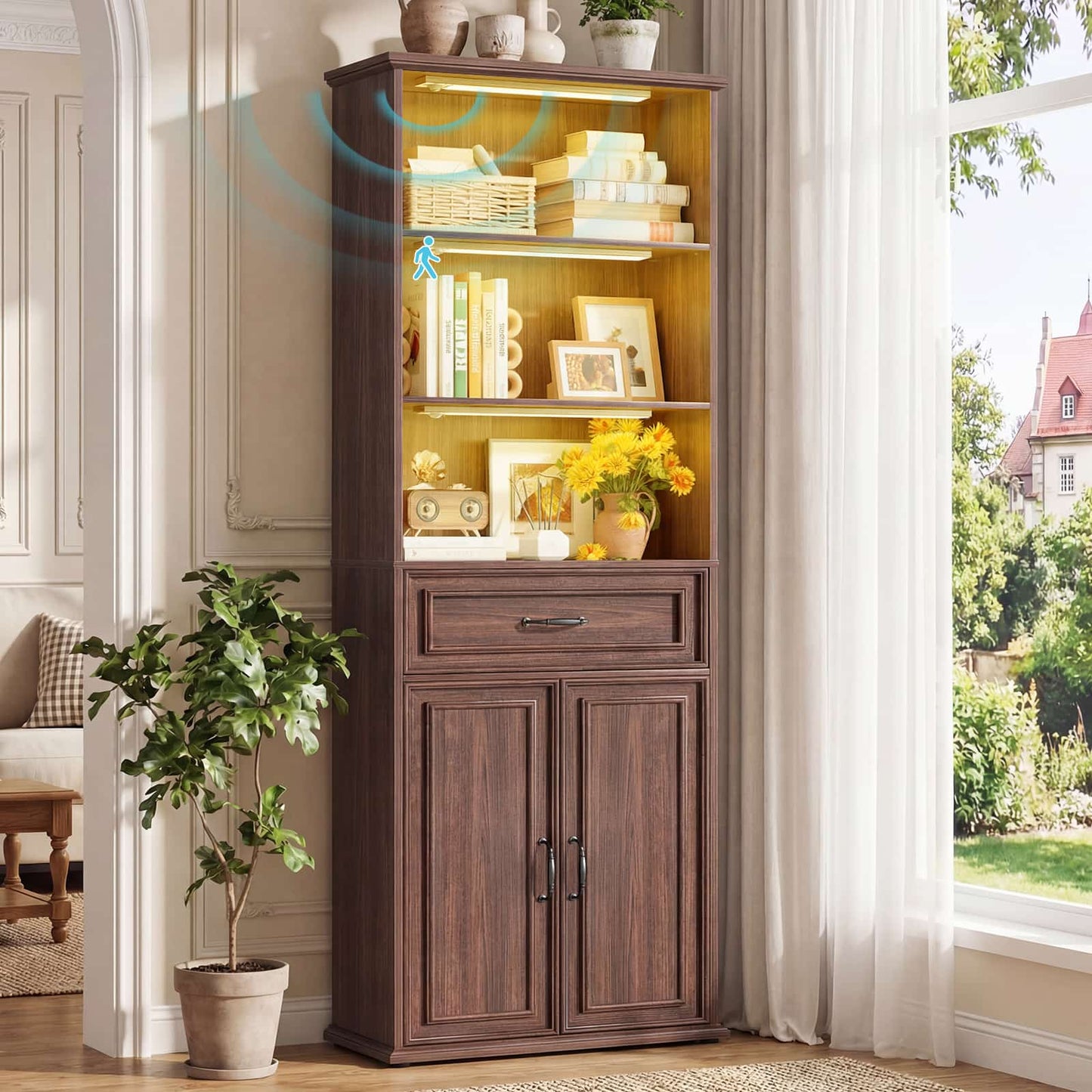 80'' Extra Tall Bookcase with 3 Motion-Sensor Lights, Drawer, and Adjustable Shelves
