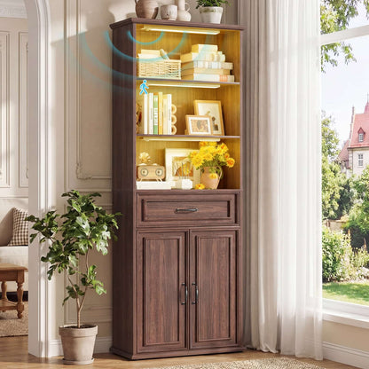 80'' Extra Tall Bookcase with 3 Motion-Sensor Lights, Drawer, and Adjustable Shelves
