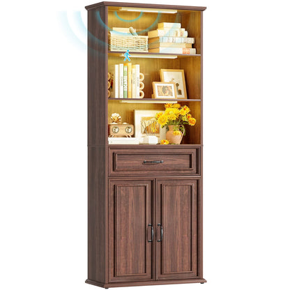 80'' Extra Tall Bookcase with 3 Motion-Sensor Lights, Drawer, and Adjustable Shelves