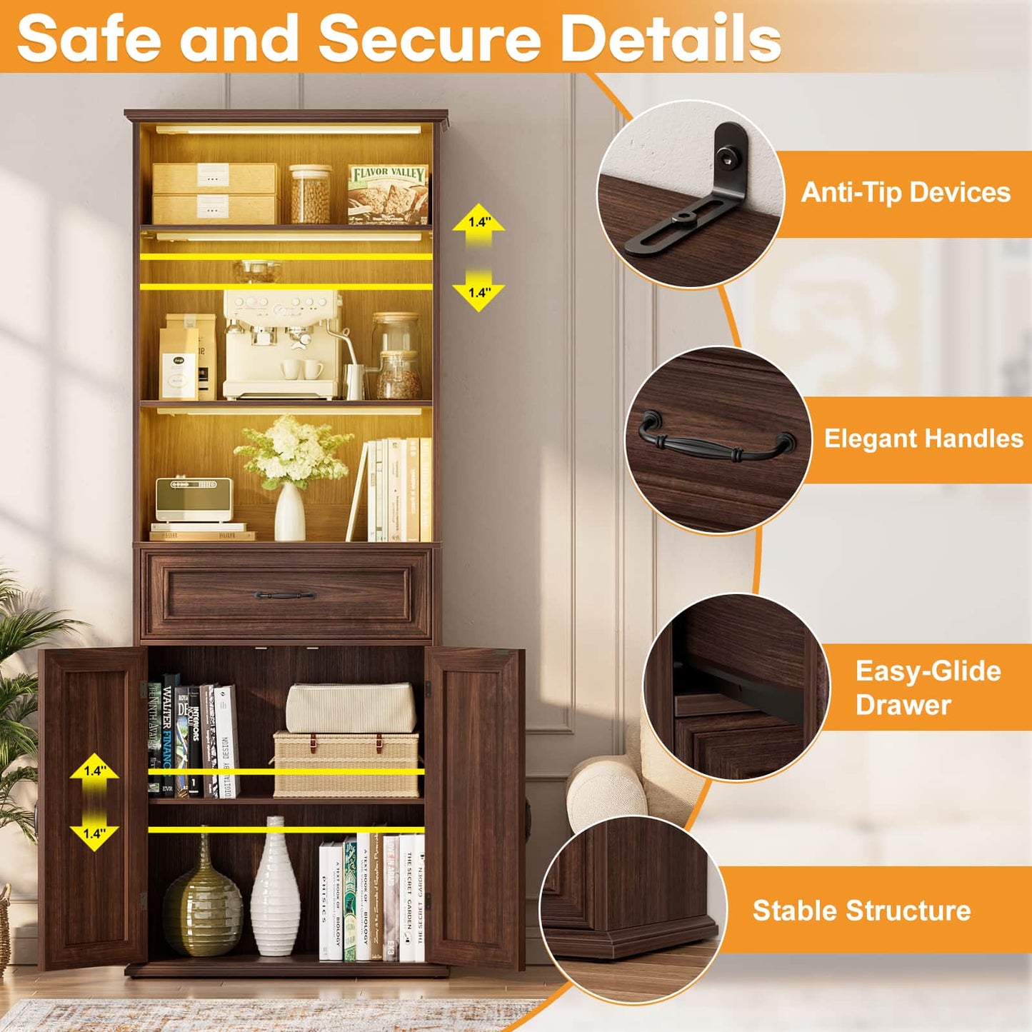 80'' Extra Tall Bookcase with 3 Motion-Sensor Lights, Drawer, and Adjustable Shelves
