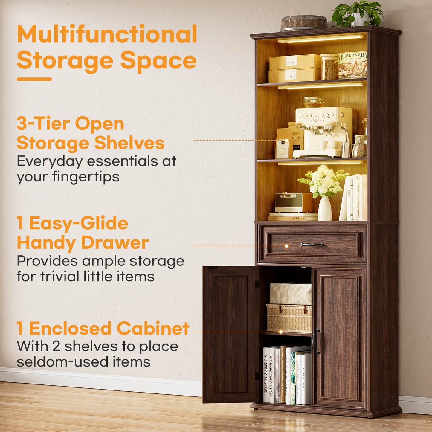 80'' Extra Tall Bookcase with 3 Motion-Sensor Lights, Drawer, and Adjustable Shelves