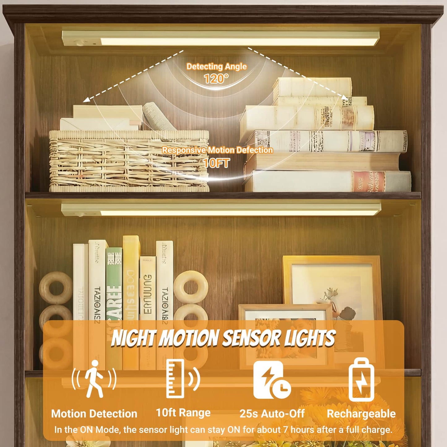 80'' Extra Tall Bookcase with 3 Motion-Sensor Lights, Drawer, and Adjustable Shelves