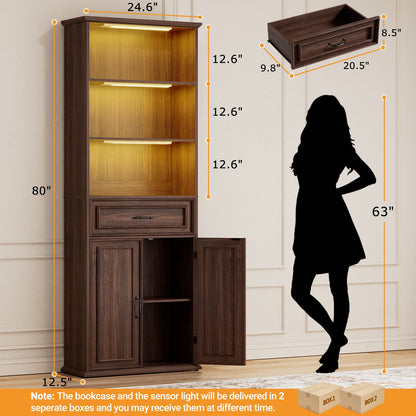 80'' Extra Tall Bookcase with 3 Motion-Sensor Lights, Drawer, and Adjustable Shelves