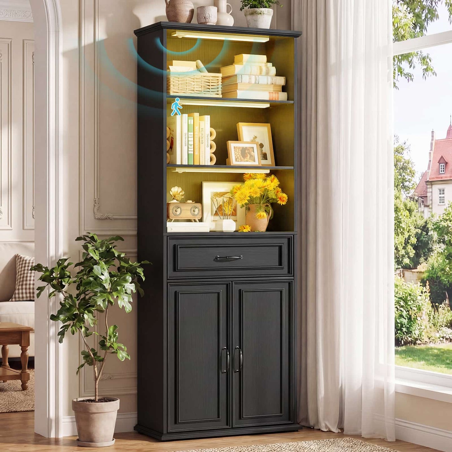 80'' Extra Tall Bookcase with 3 Motion-Sensor Lights, Drawer, and Adjustable Shelves
