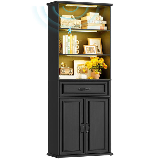 80'' Extra Tall Bookcase with 3 Motion-Sensor Lights, Drawer, and Adjustable Shelves