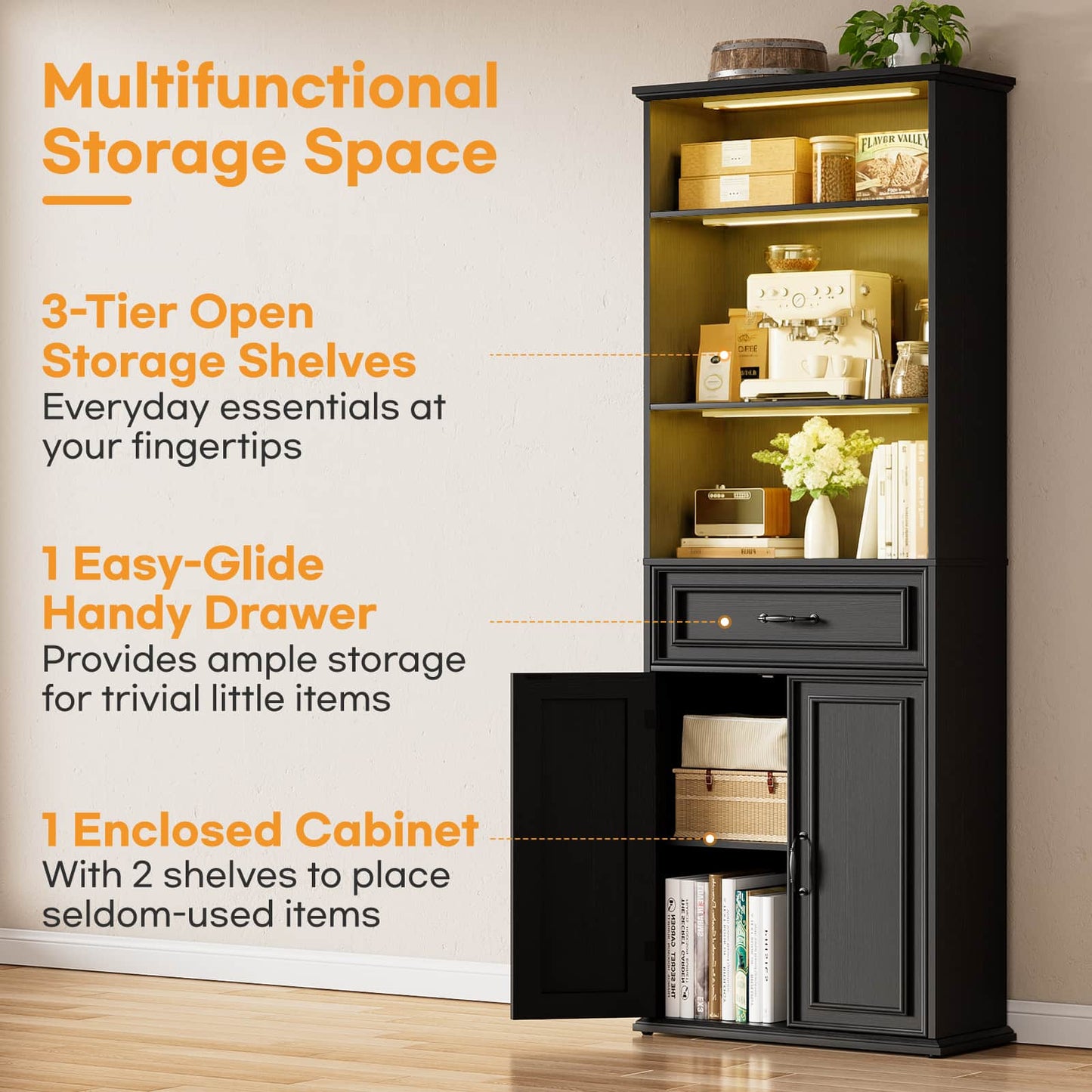 80'' Extra Tall Bookcase with 3 Motion-Sensor Lights, Drawer, and Adjustable Shelves
