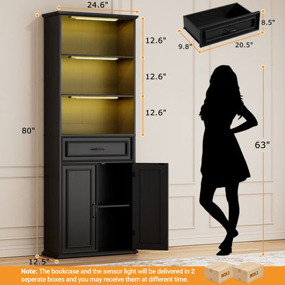 80'' Extra Tall Bookcase with 3 Motion-Sensor Lights, Drawer, and Adjustable Shelves