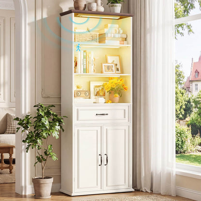 80'' Extra Tall Bookcase with 3 Motion-Sensor Lights, Drawer, and Adjustable Shelves
